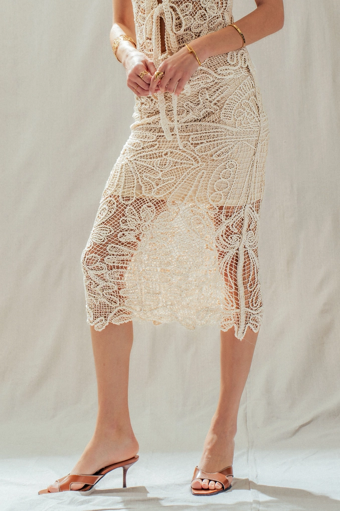 Open-Work Crochet Midi Skirt with Partial Lining - Ivory