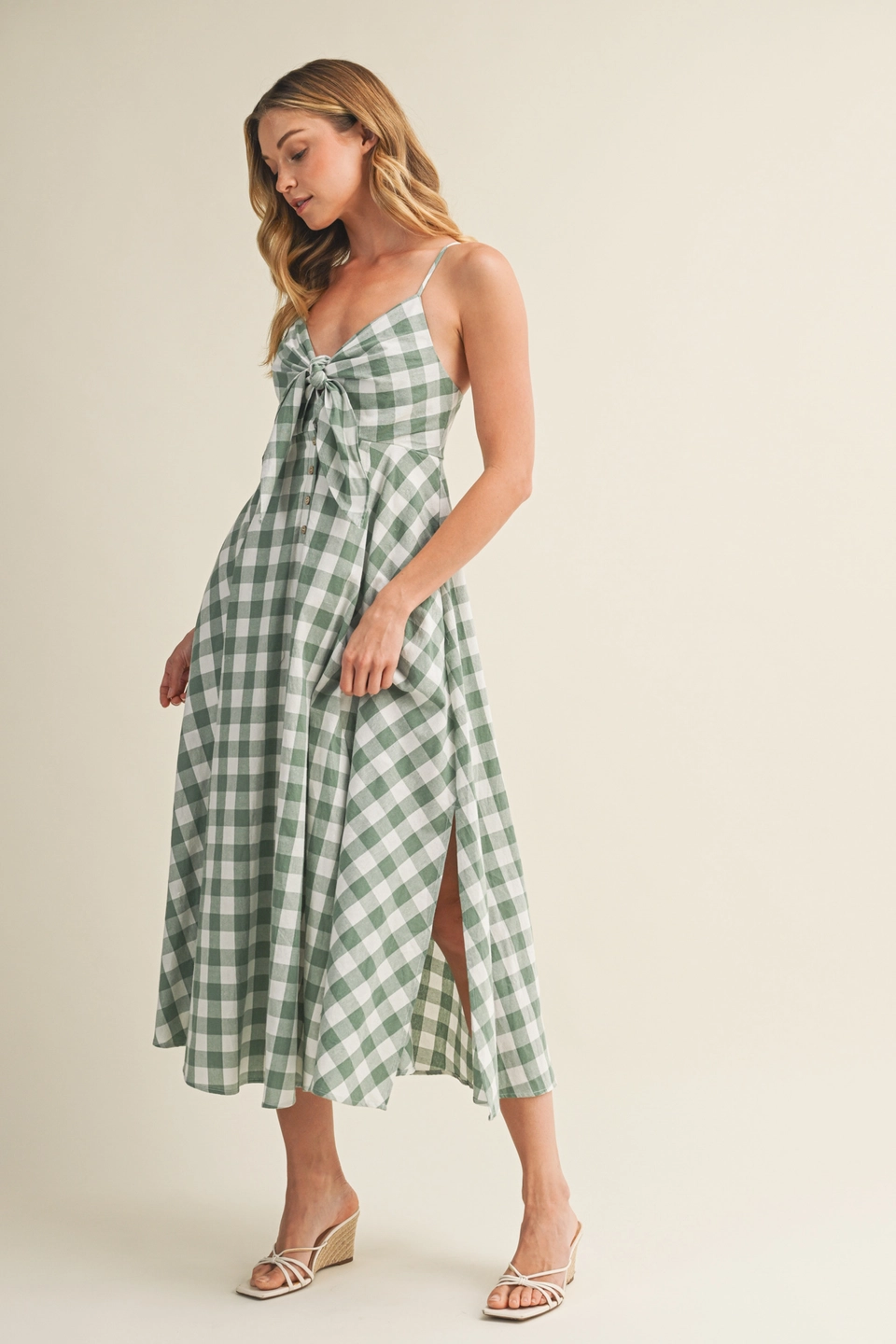 Tie-Front Gingham Dress - Basil