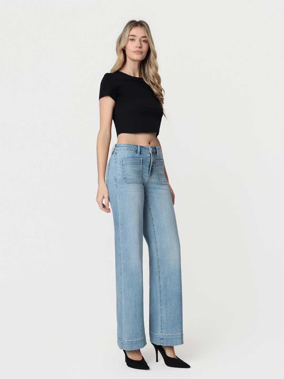 High Rise Light Wash Trouser Hem Wide Jeans - Dignity