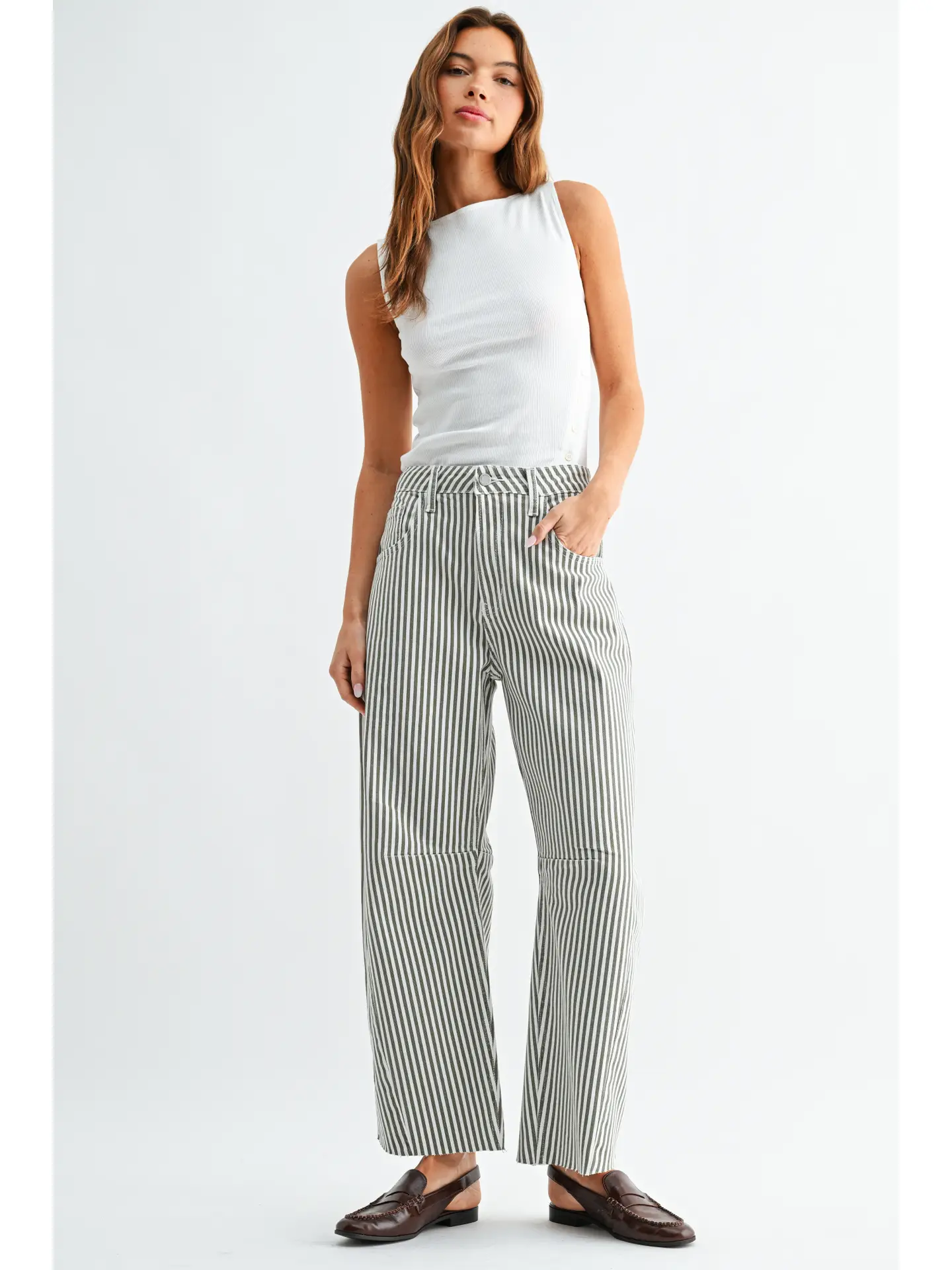 Olive Stripe Barrel Jean w/ Seams