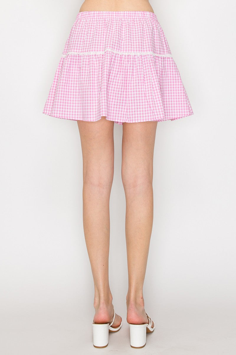 Gingham Tiered Mini Skirt - Pink