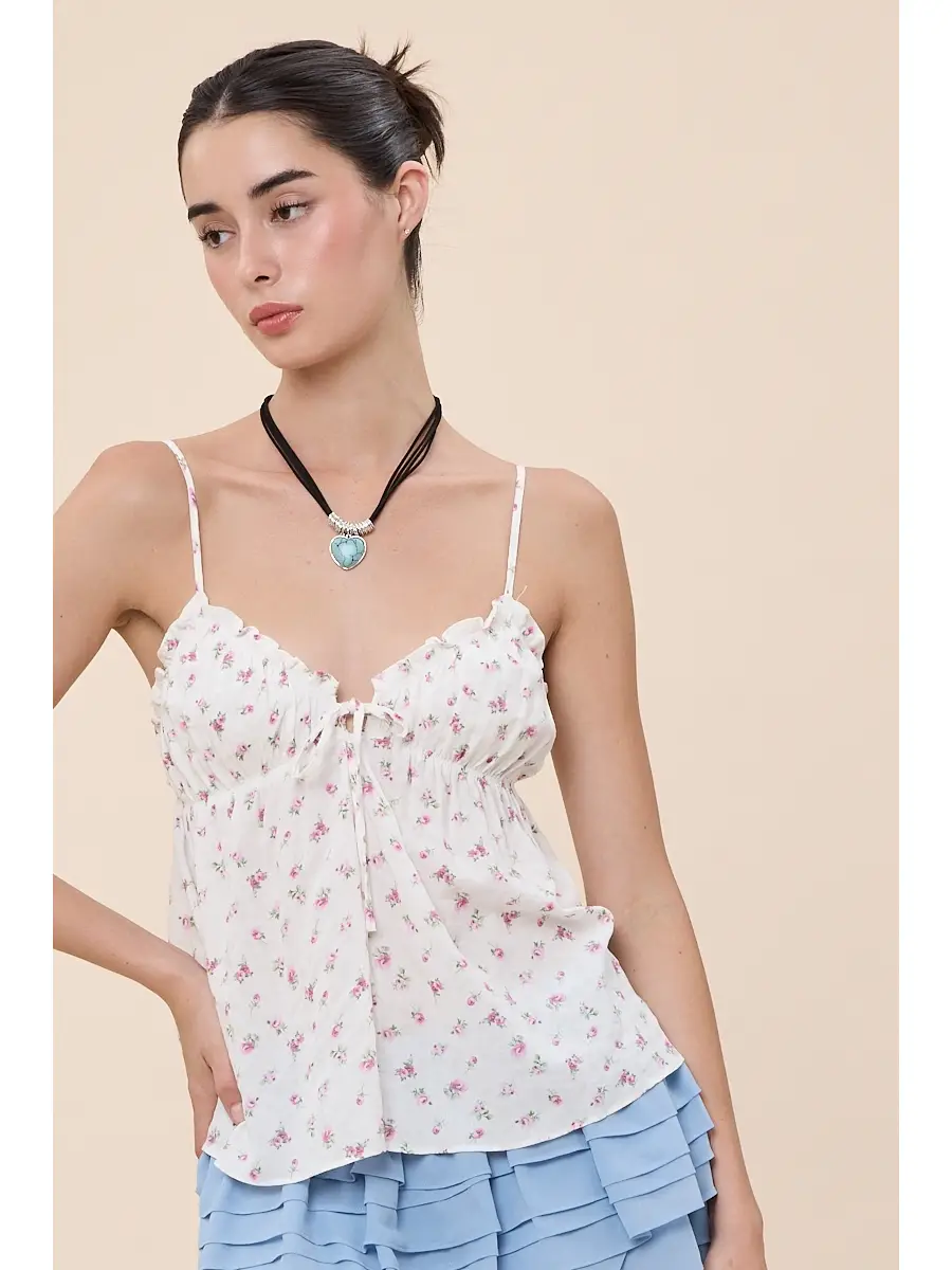 Pink Ditsy Floral Sweetheart Front Tie Cami Top - Petite Pink Rose