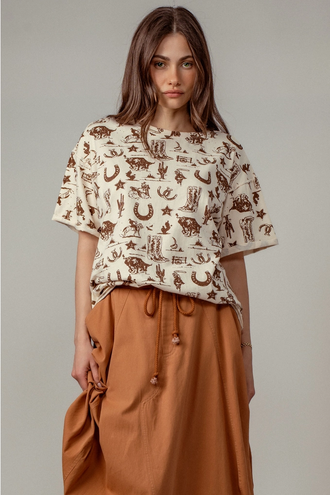 Western Graphic Print Relaxed Fit Tee - Cream
