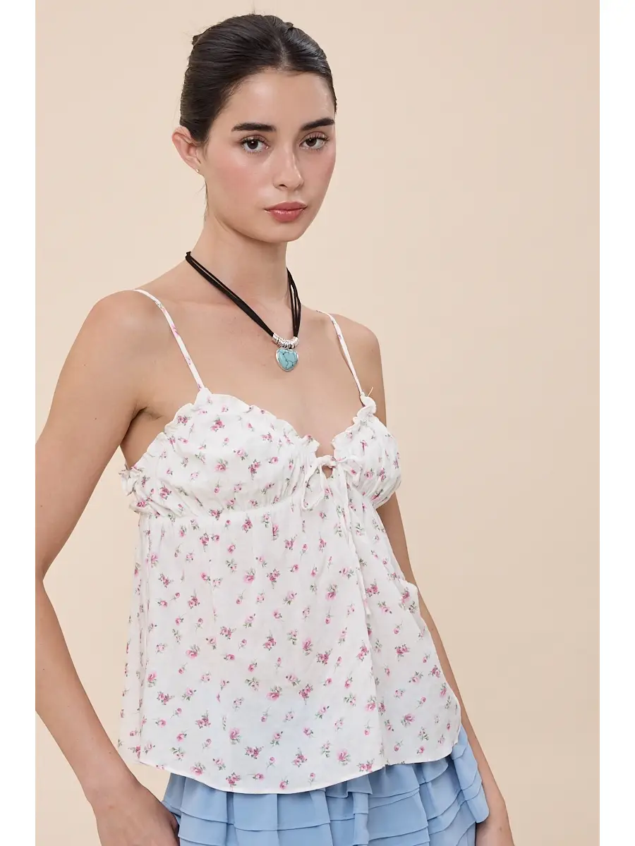 Pink Ditsy Floral Sweetheart Front Tie Cami Top - Petite Pink Rose