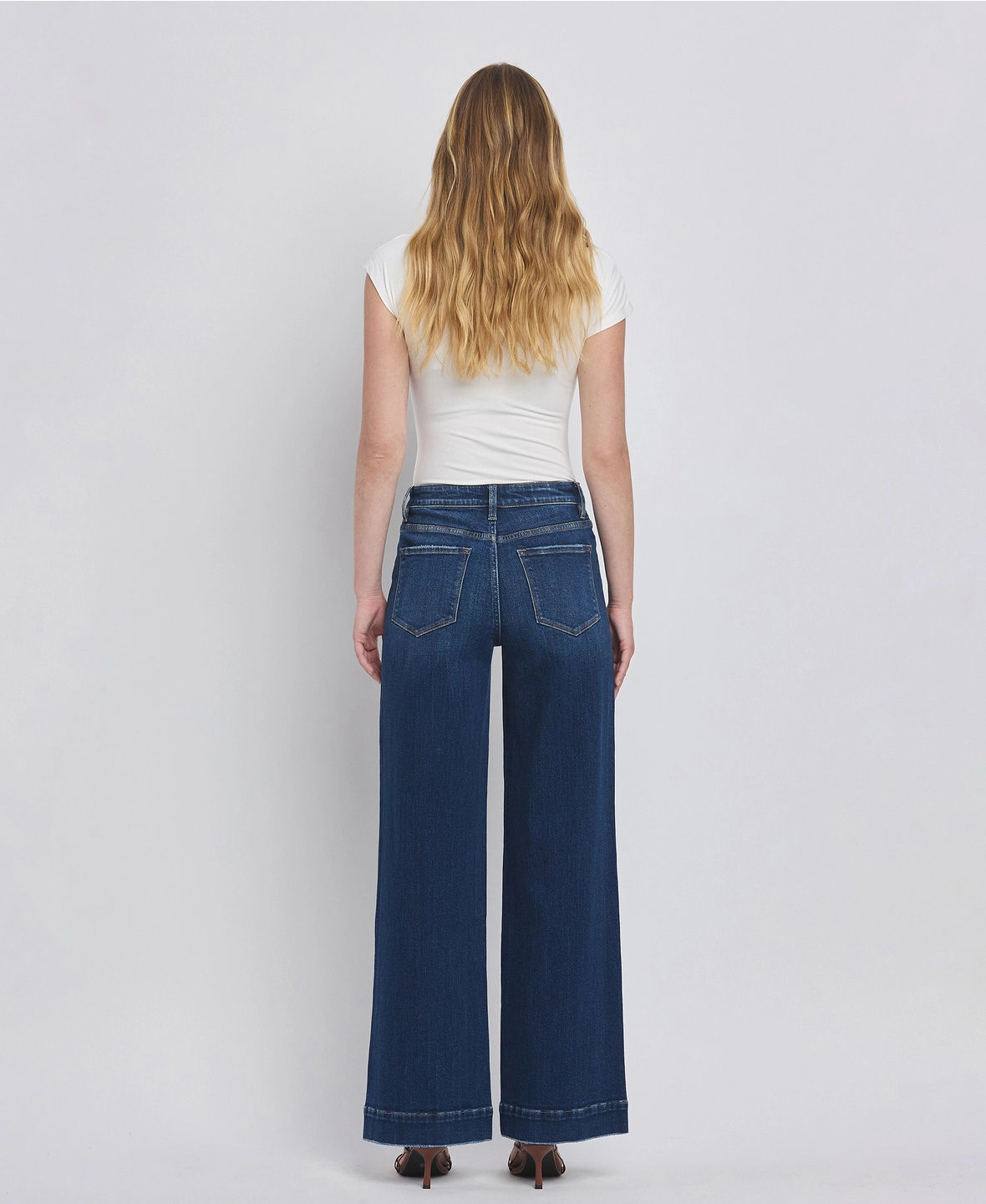 High Rise Patch Pocket Trouser Hem Wide Jeans - Dark Denim
