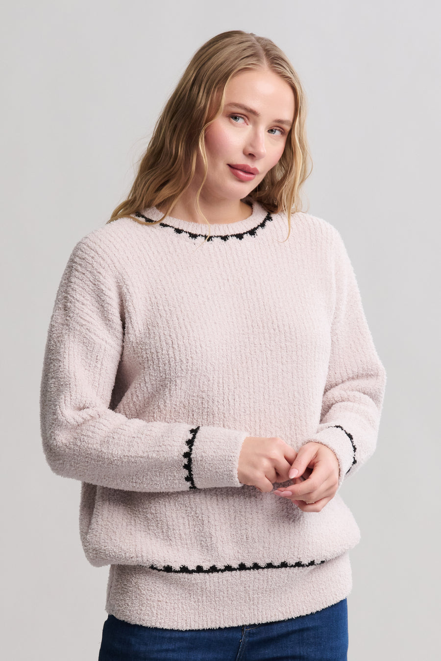 CozyChic Ribbed Sweater With Blanket Stitch - Stone