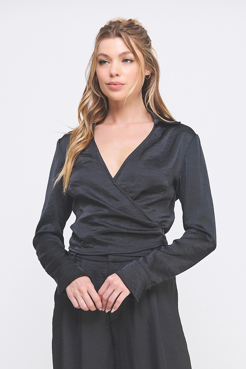 Crinkle Satin Tie Wrap Shirt