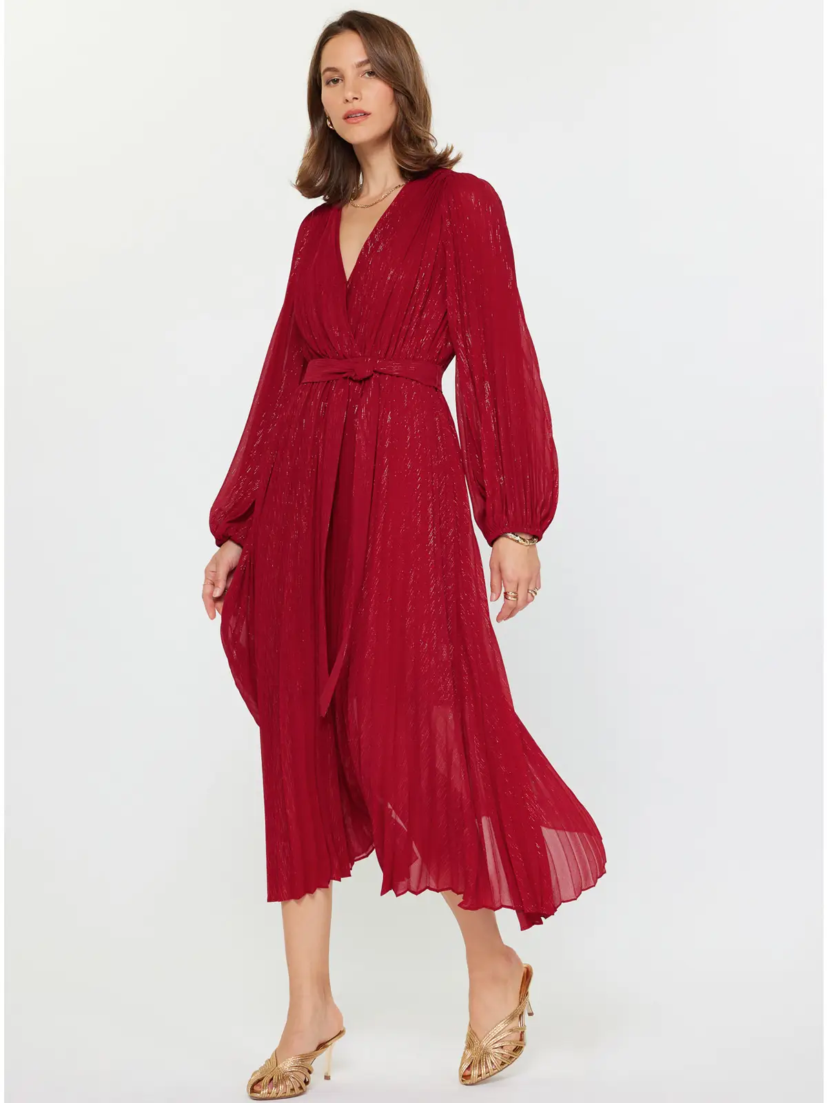 Pleated Surplice V-Neck Maxi Dress - Red