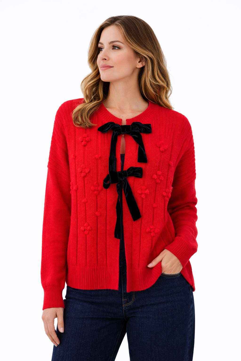 Pom Pom Detail Contrast Bow Tie Knit Cardigan - Red
