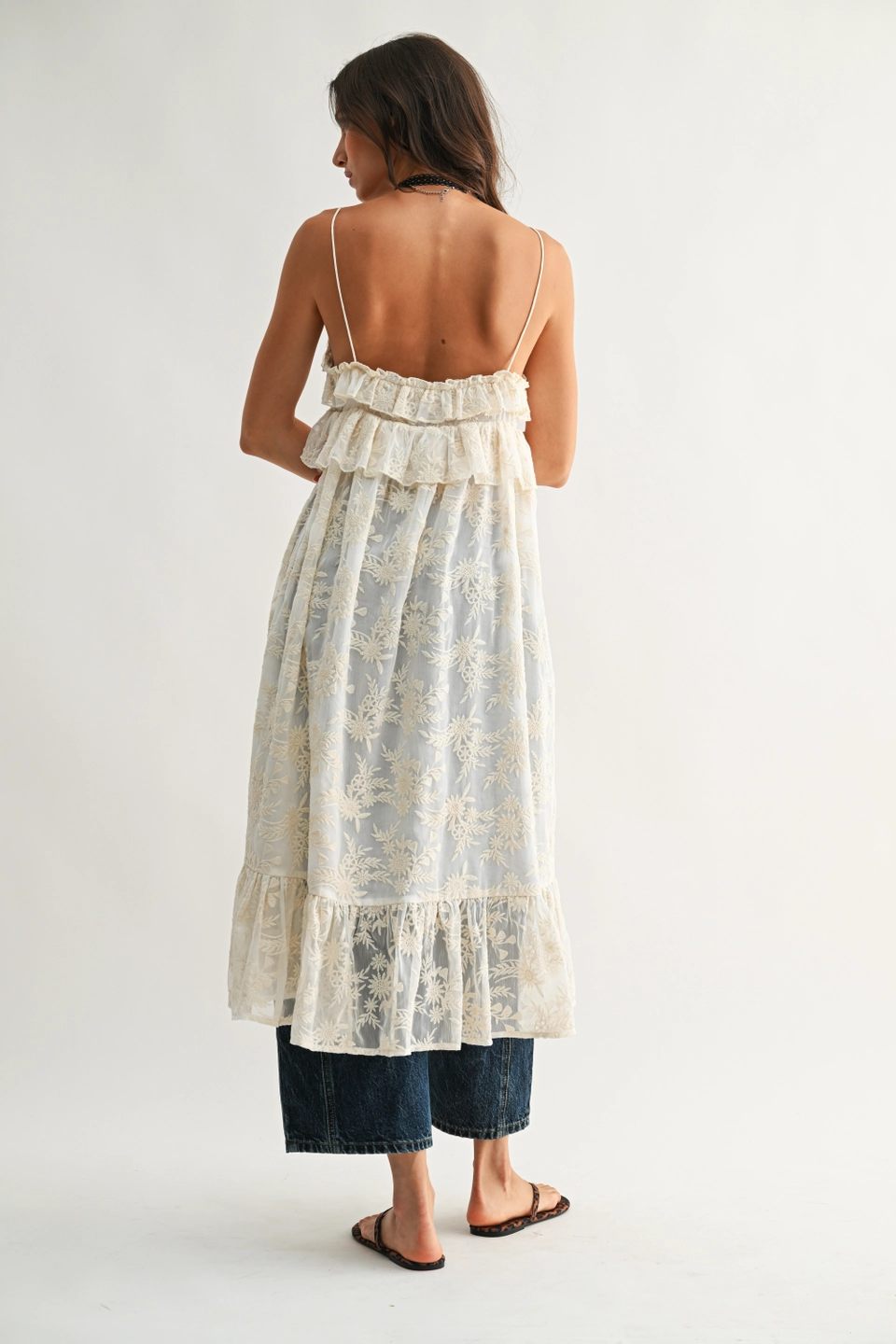 Sheer Floral Lace Ruffle Cover Up Top - Cream