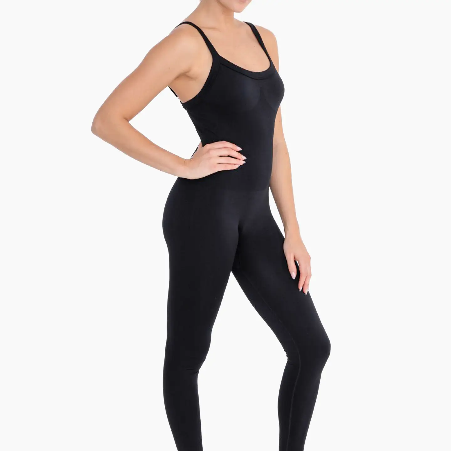 Full Length Seamless Micro-Ribbed Unitard Jumpsuit - Black