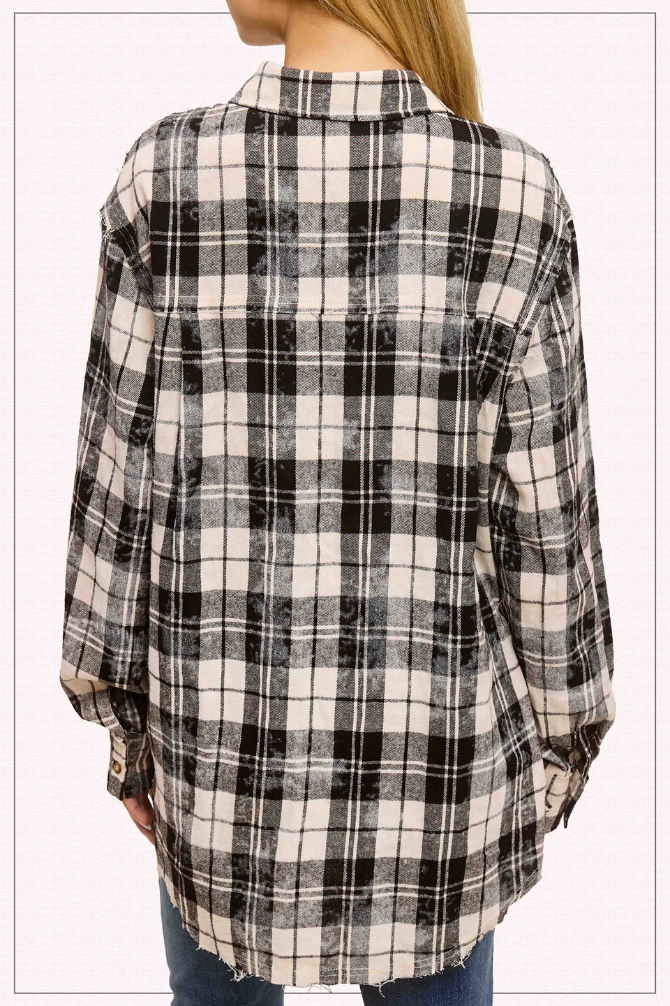 Acid Washed Cut Edge Button Down Plaid Shirt - Oreo