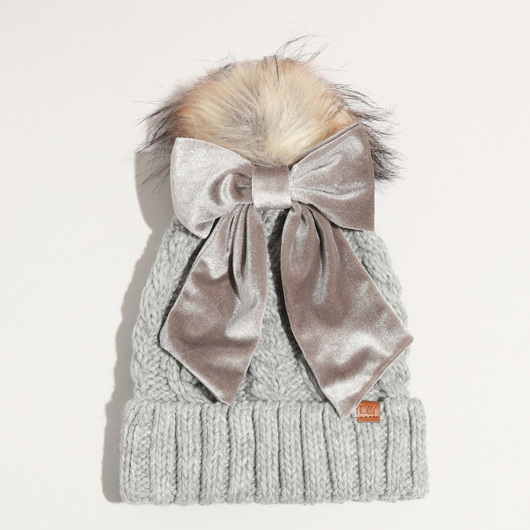 Winter Knitted Beanie Pom Pom Ribbon Bow Scrunchie - Grey