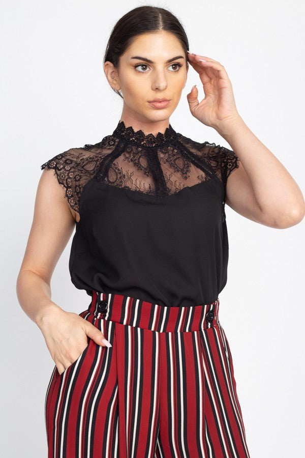 High Neck Lace Blouse - Black