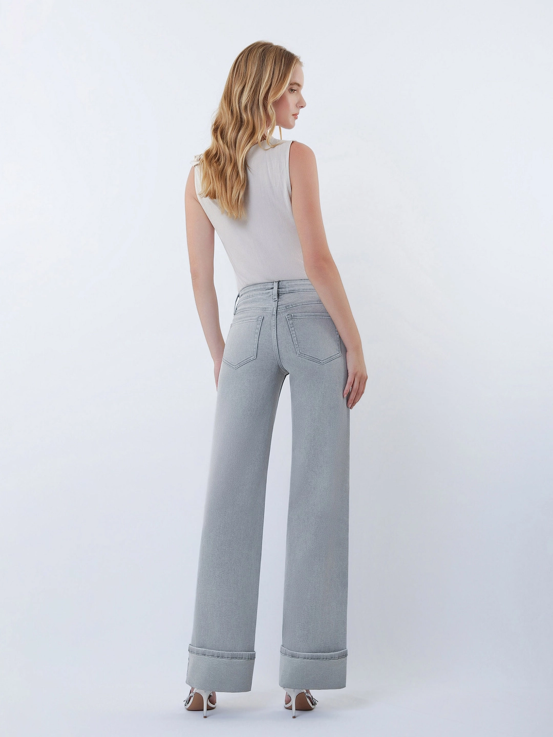 Mid Rise Full Length Grey Cuffed Wide Leg Jeans