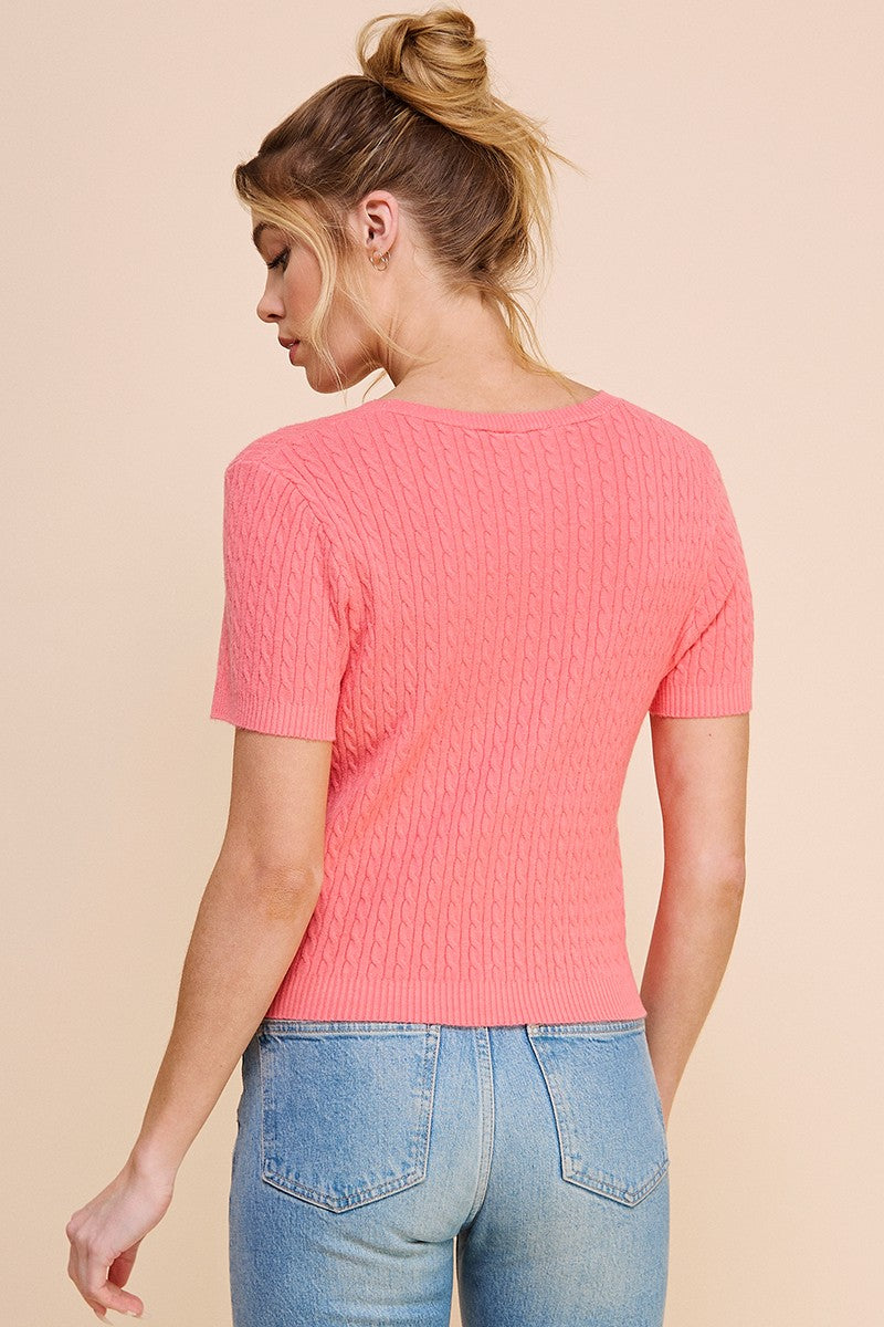 Cable Knit V-Neck Short Sleeve Top - Carnation