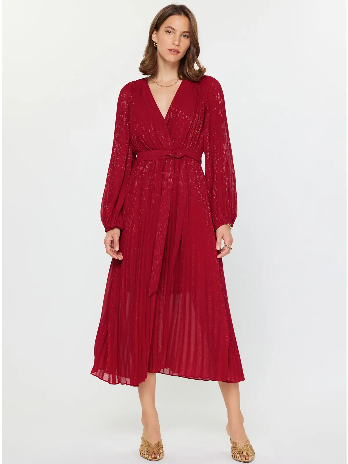 Pleated Surplice V-Neck Maxi Dress - Red