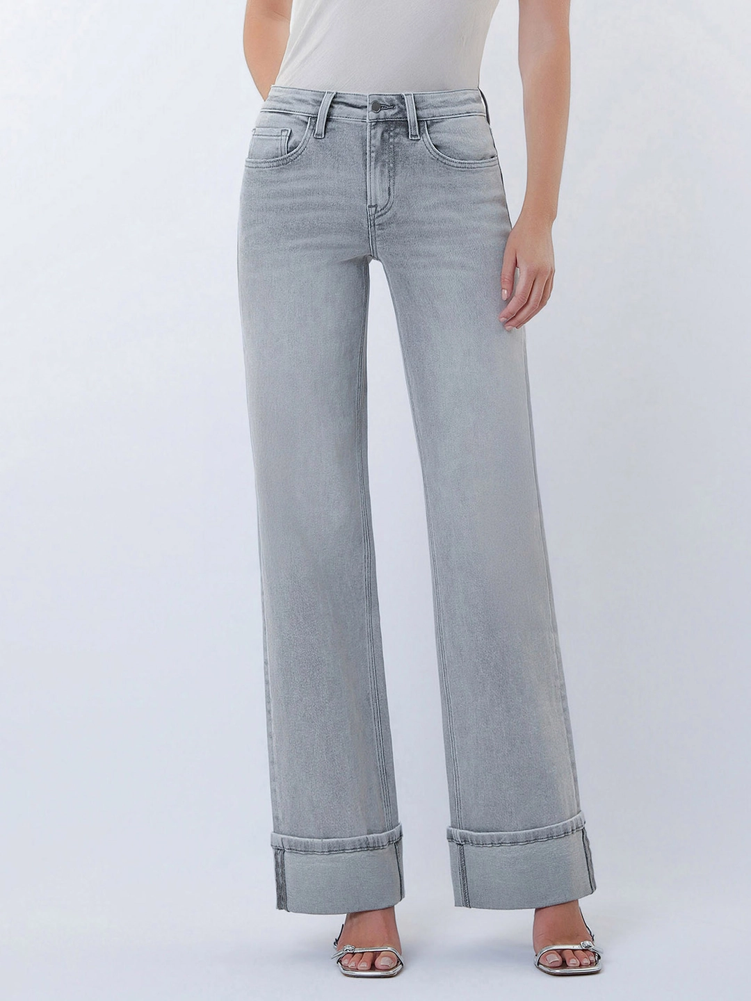 Mid Rise Full Length Grey Cuffed Wide Leg Jeans