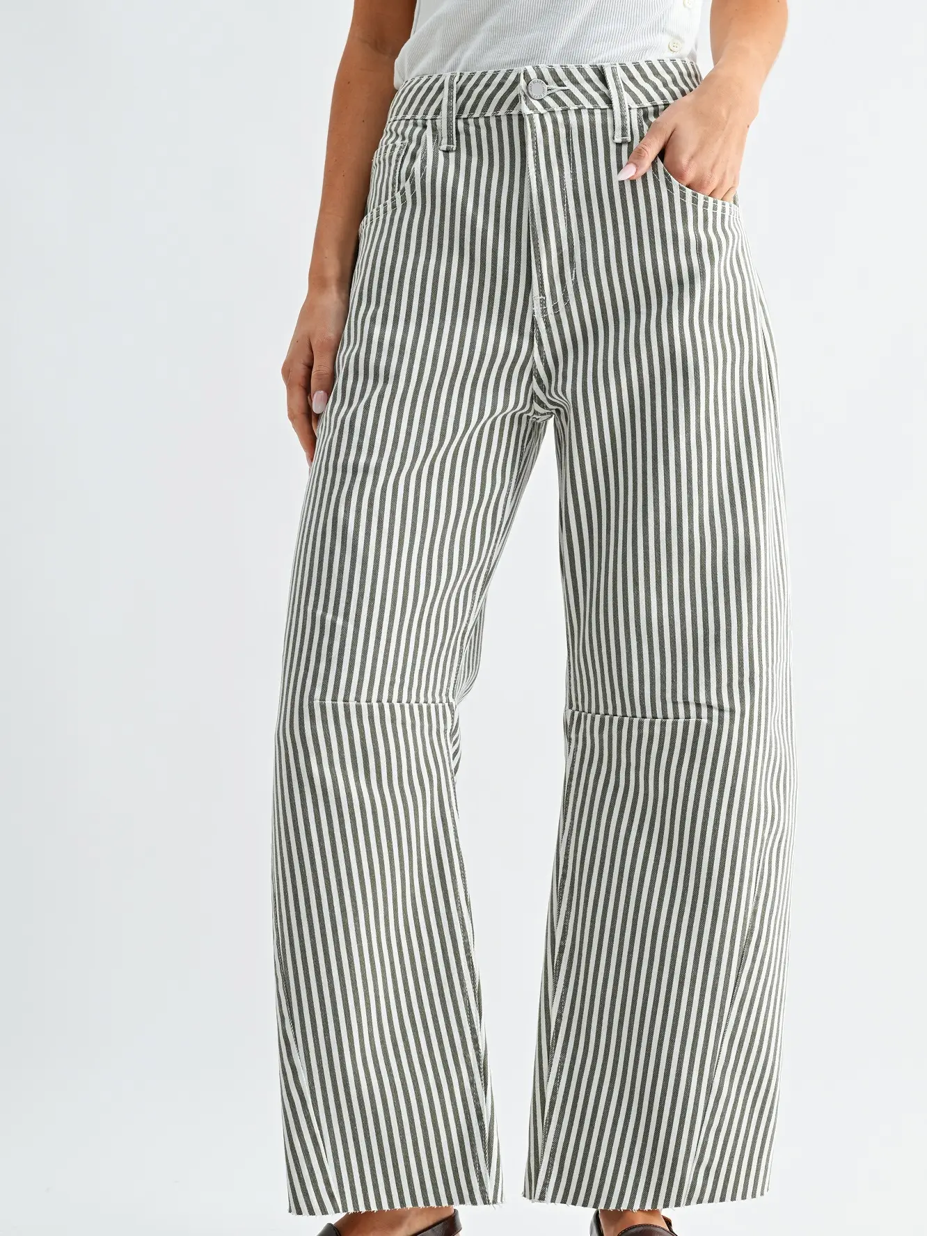 Olive Stripe Barrel Jean w/ Seams