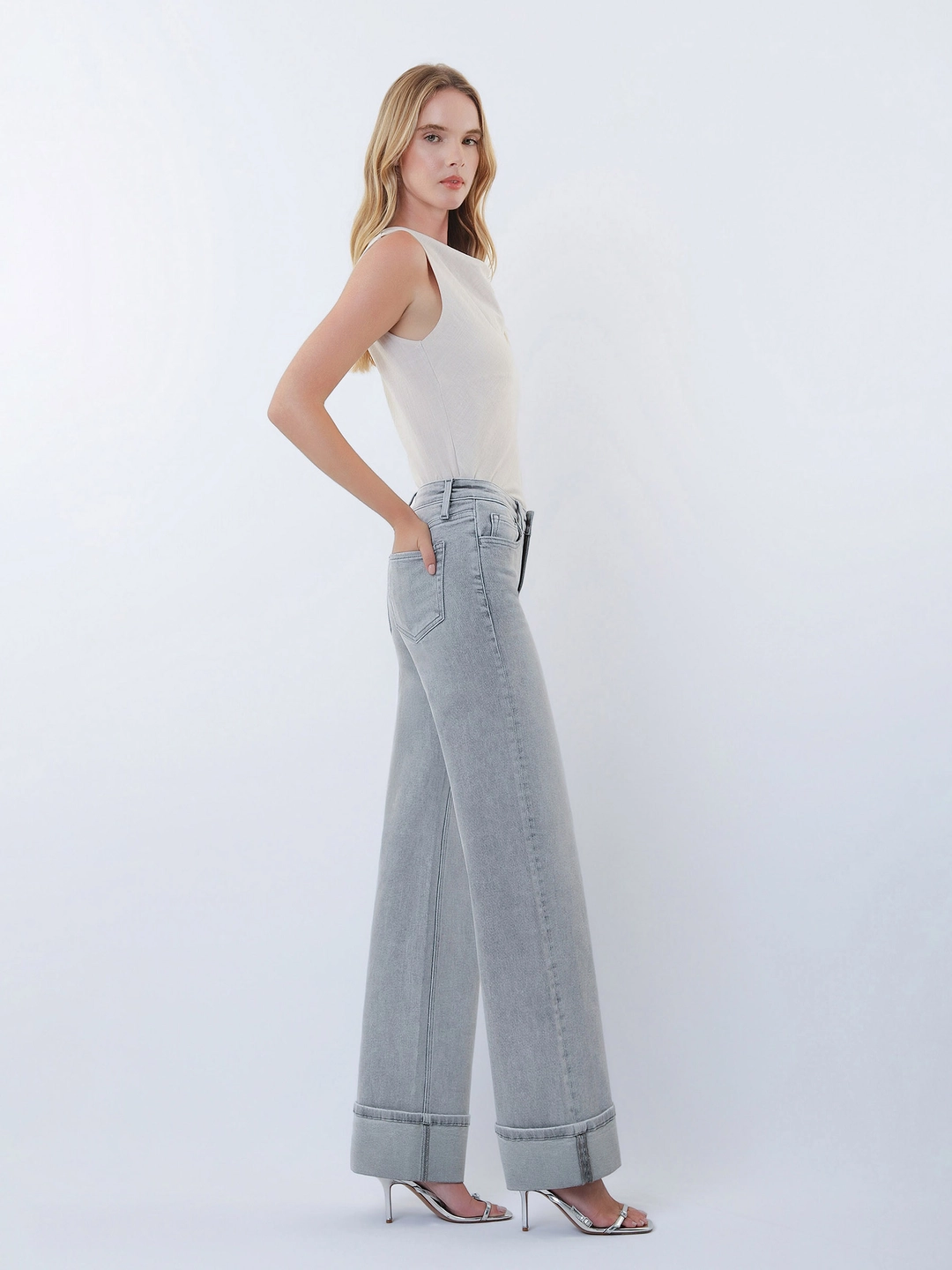 Mid Rise Full Length Grey Cuffed Wide Leg Jeans