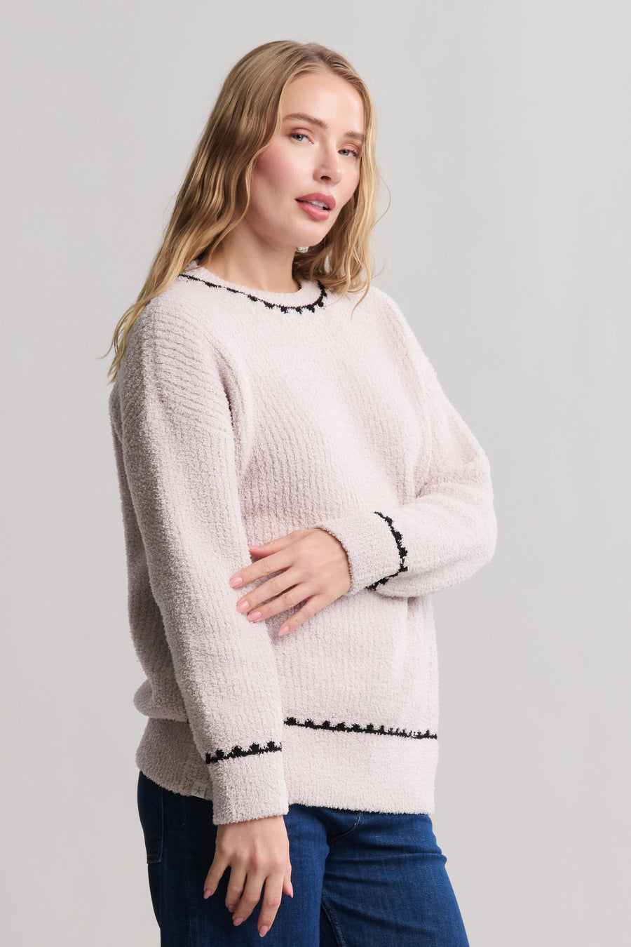 CozyChic Ribbed Sweater With Blanket Stitch - Stone