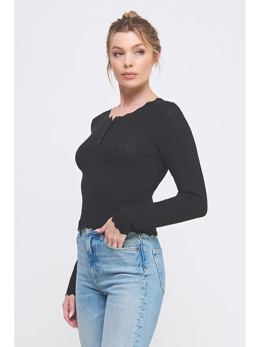 Pointelle Henley Sweater with Scalloped Edge - Black