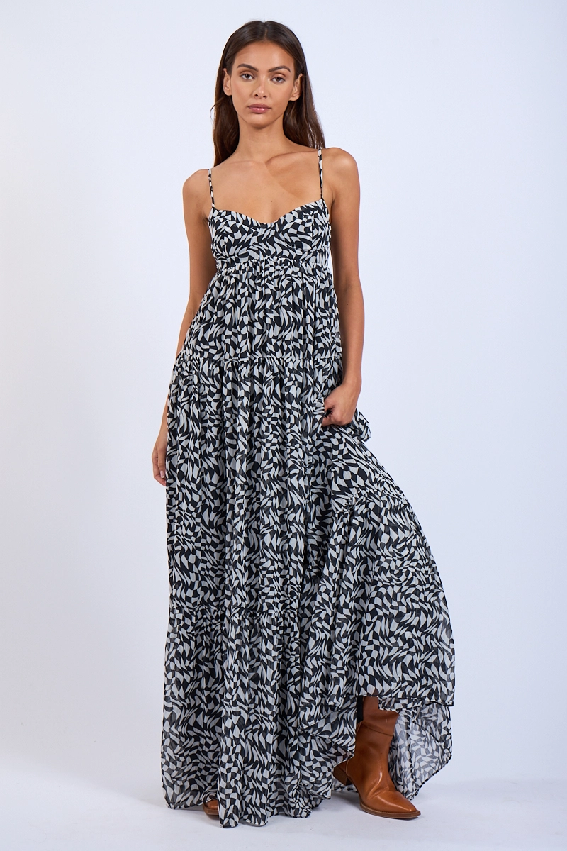 Abstract Checker Open Back Hook&Eyes Maxi Dress - Mystery Checker