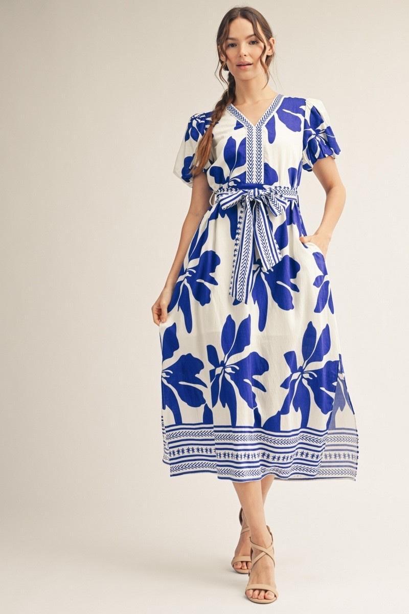 Side Slit Hem Tropical Floral Midi Dress - Royal