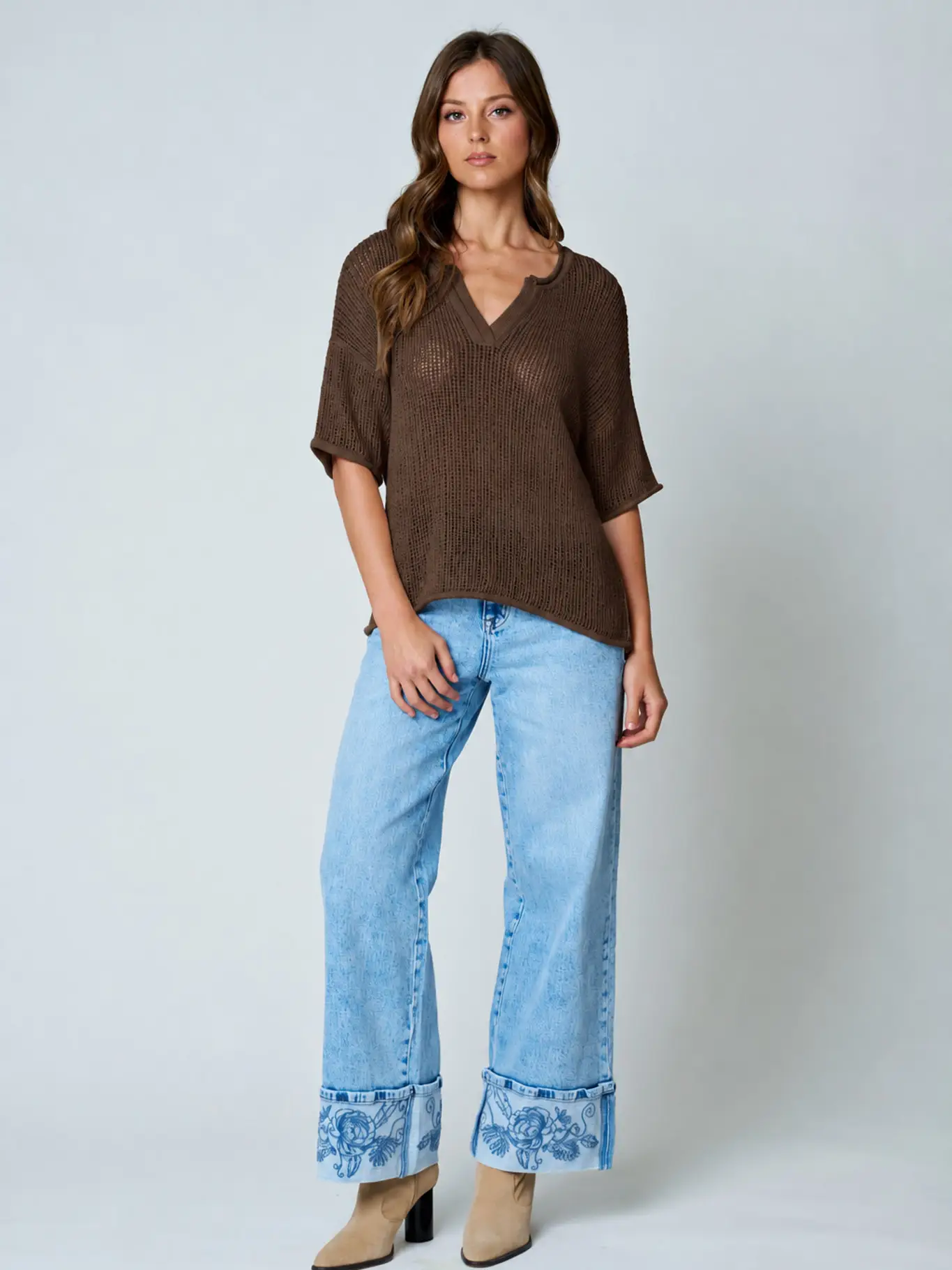Split Neck Short Sleeve Sheer Crochet Knit Top