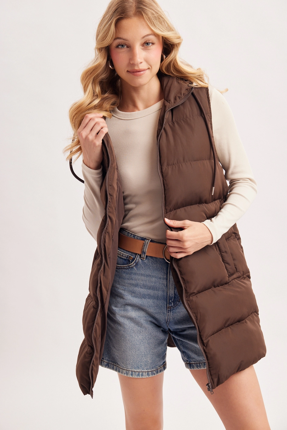 Hooded Zipper Down Longline Puffer Vest - Chocolate