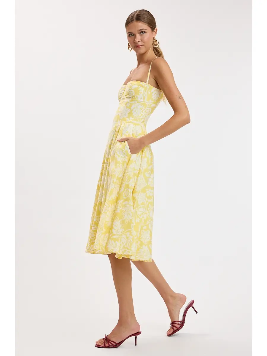 Yellow Floral Sleeveless Underwire Long Midi Dress