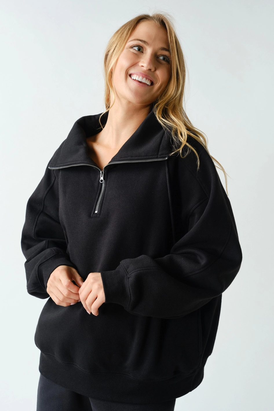 Cotton Fleece Half-Zip Pullover - Black