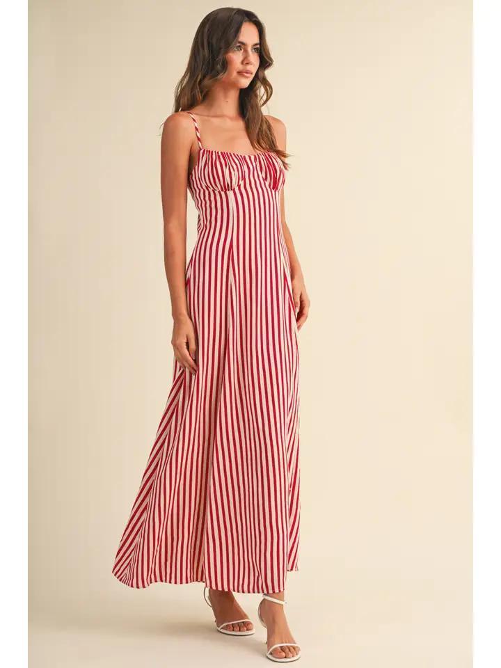 Striped Bustier Sleeveless Flared Maxi Dress