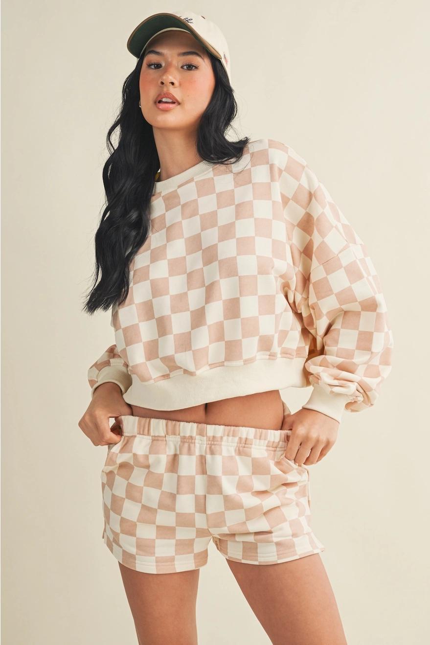 Checkered Print Crewneck Crop Sweatshirt
