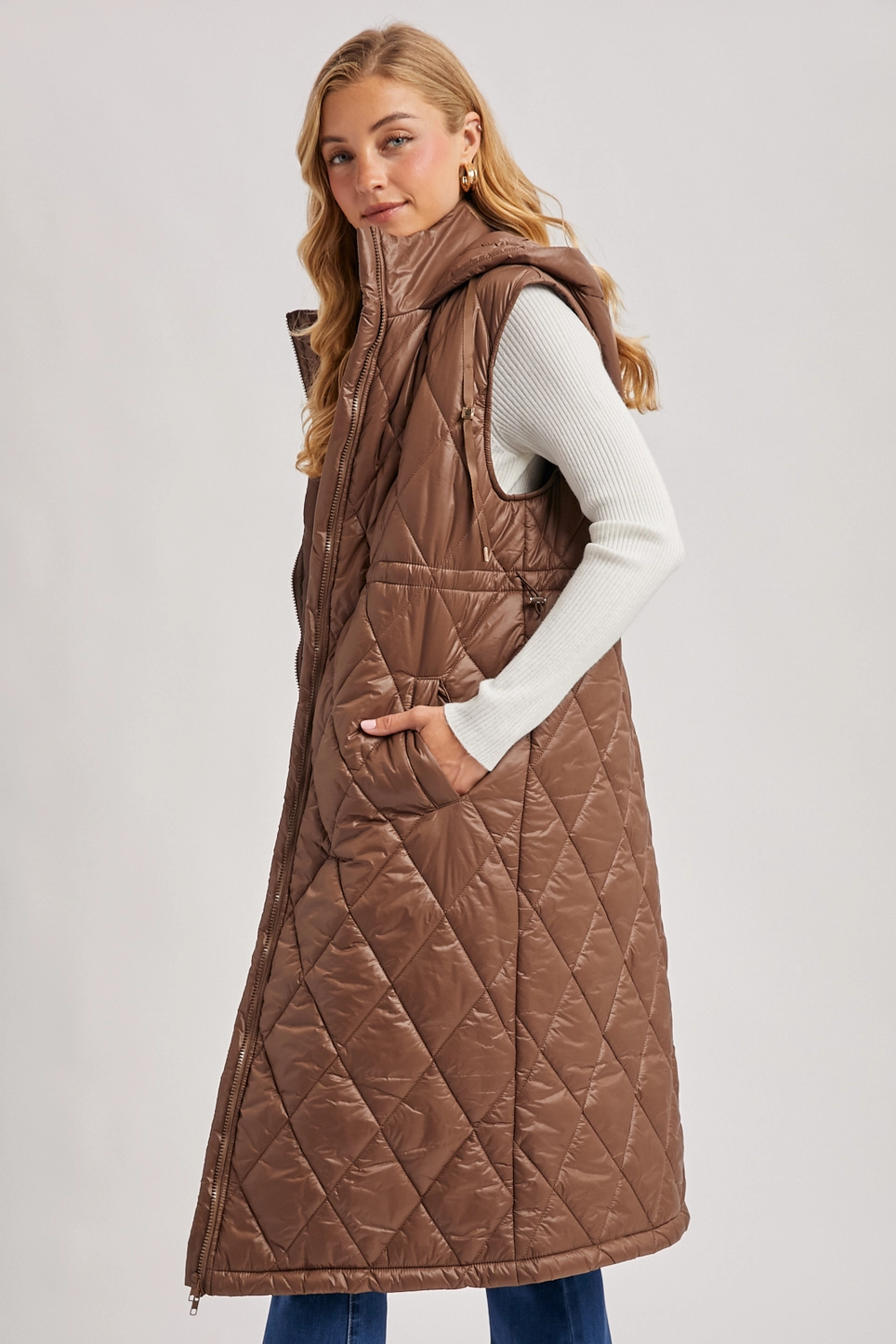 Diamond Quit Puffer Long-Line Hooded Vest - Coco