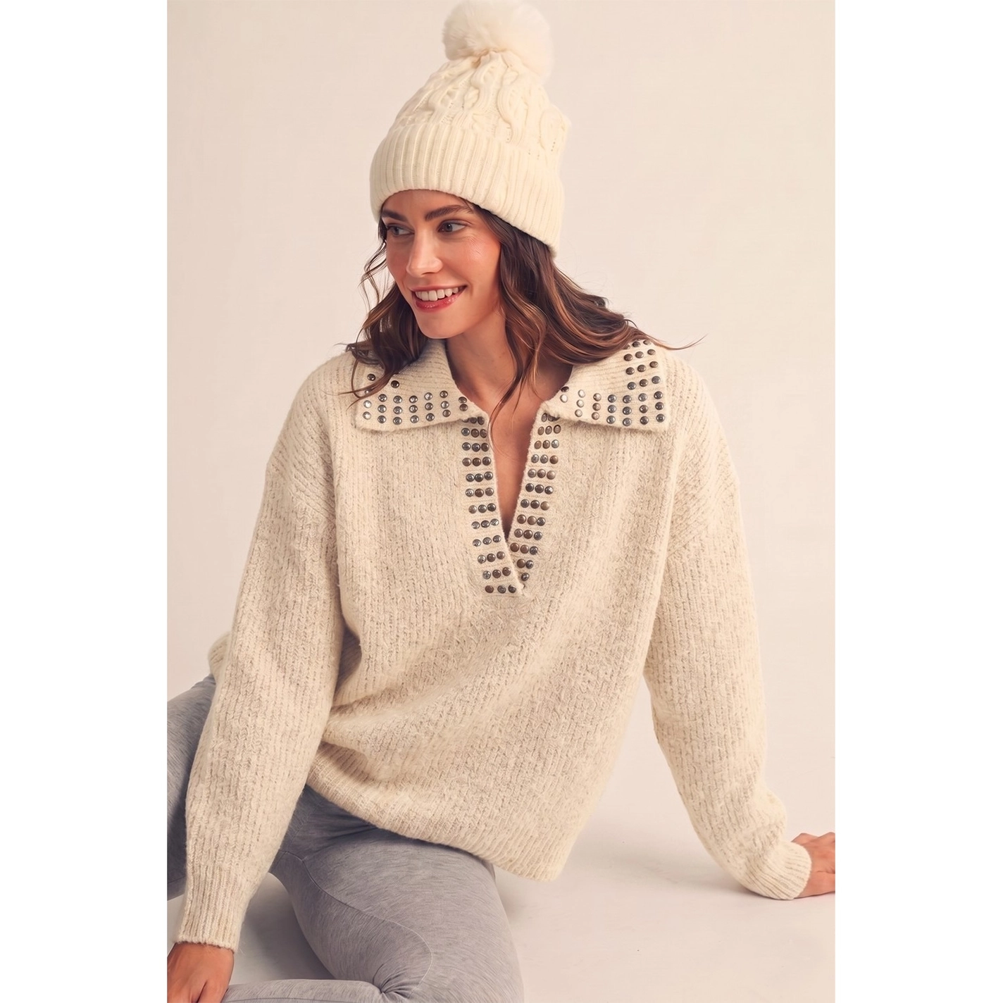 Long Sleeve Studded V Neck Collared Sweater - Ivory
