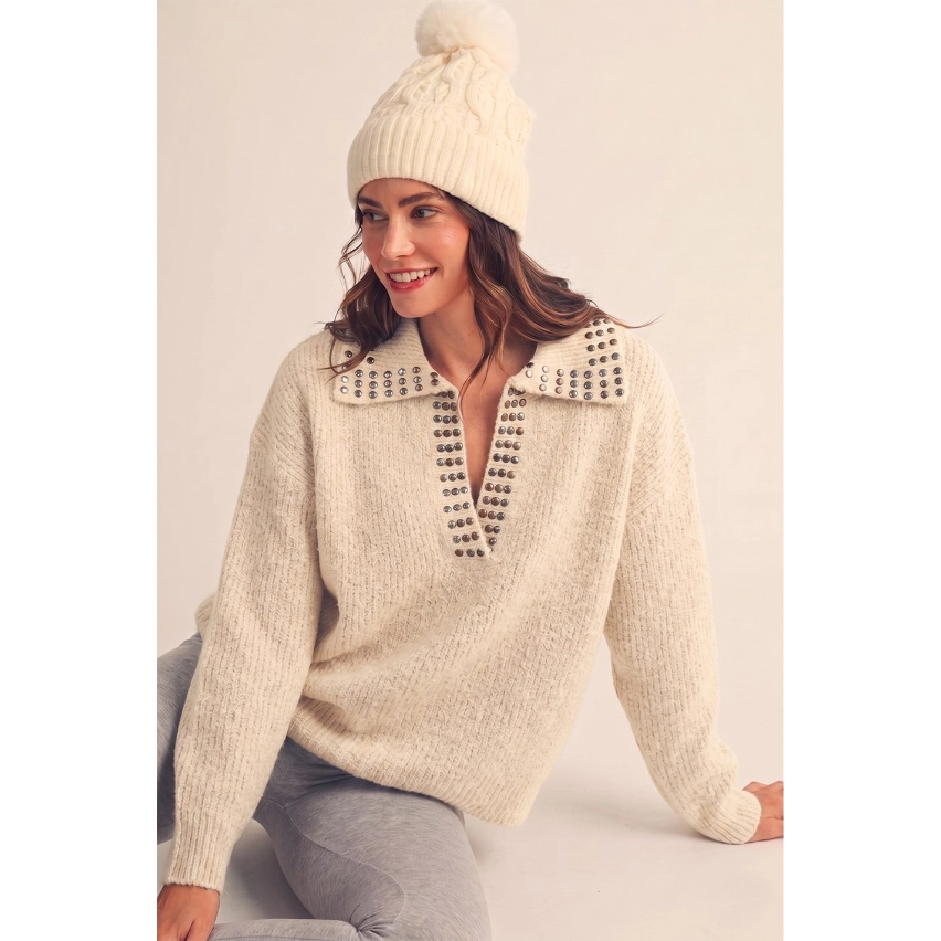 Long Sleeve Studded V Neck Collared Sweater - Ivory