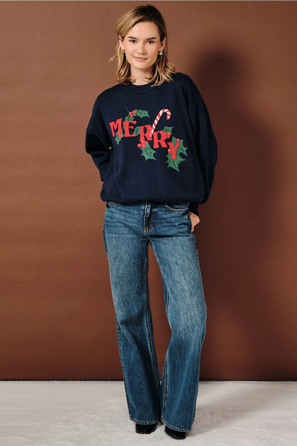 Merry Candy Cane Graphic Crew Neck Knit Sweater - Navy