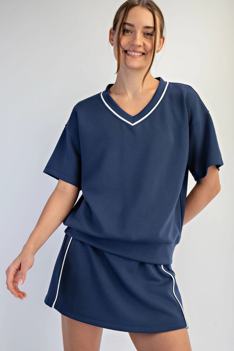 Rae Mode Modal Scuba V Neck Flat Piping Short Sleeve Top - Front View