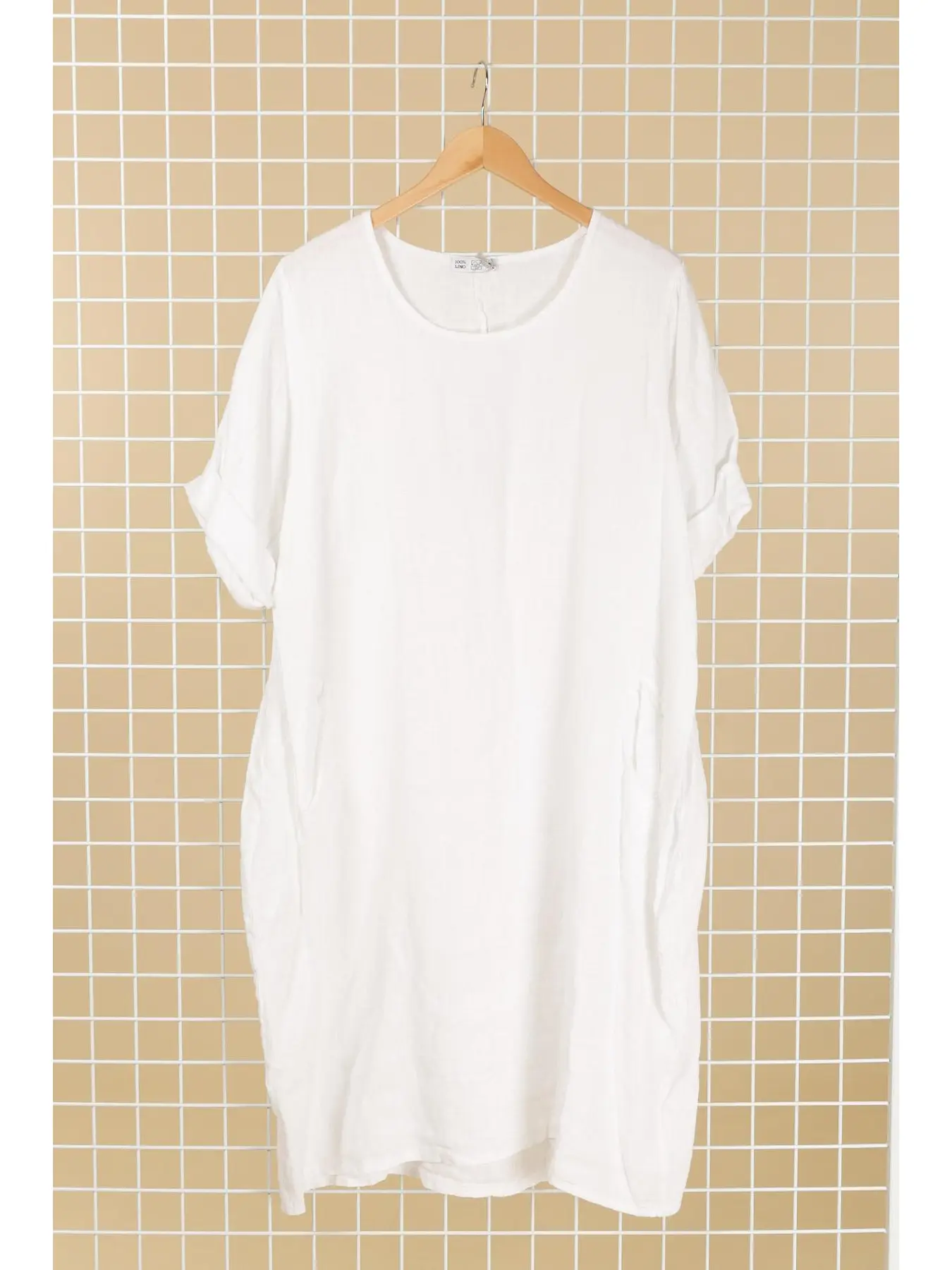 Linen Round Neck Dress - White