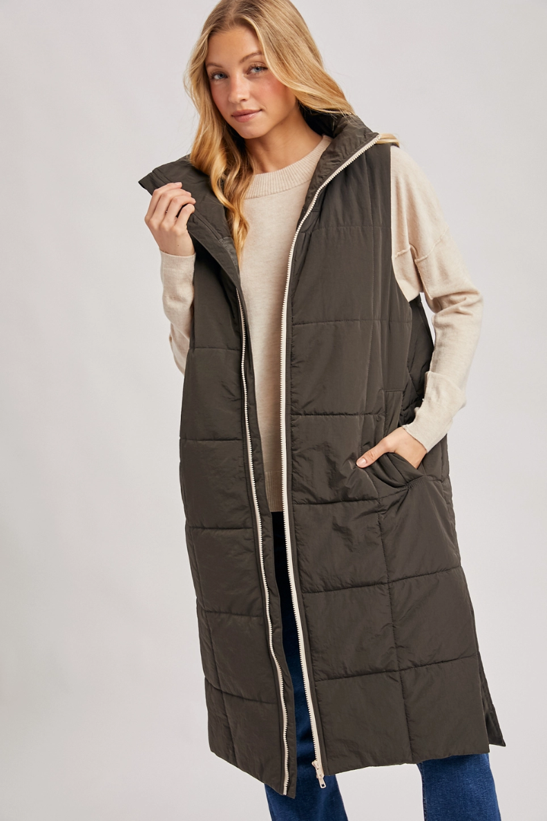 Quilted Longline Puffer Vest - Ash