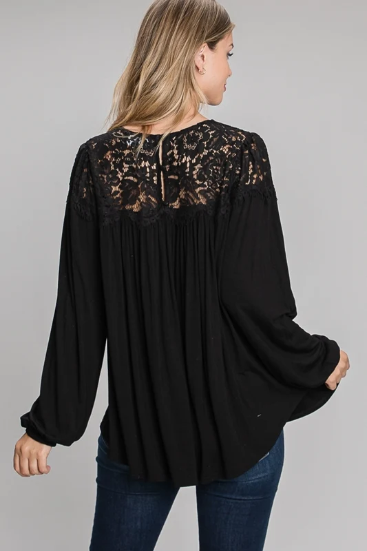Long Sleeve Knit Top w/Eyelash Lace Illusion - Black