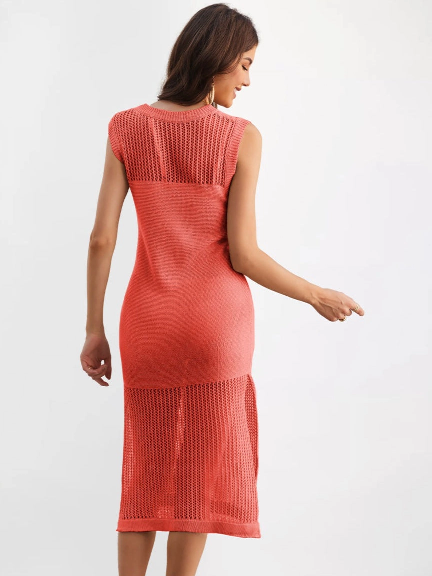 Sleeveless Knit Mesh Midi Dress Side Slit - Watermelon Red