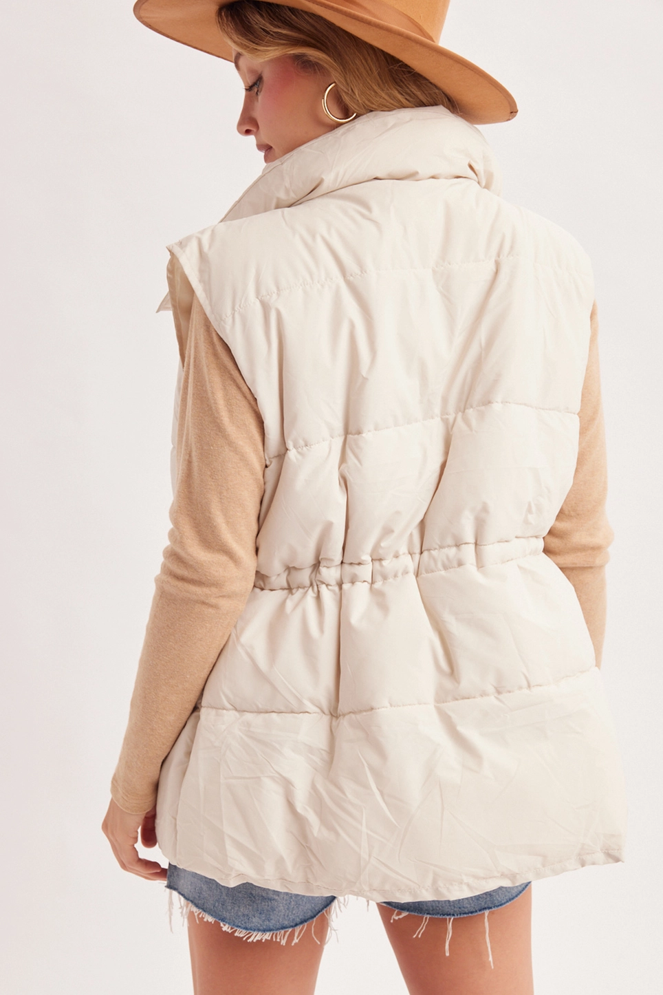 Funnel Neck Waist-String Puffer Vest