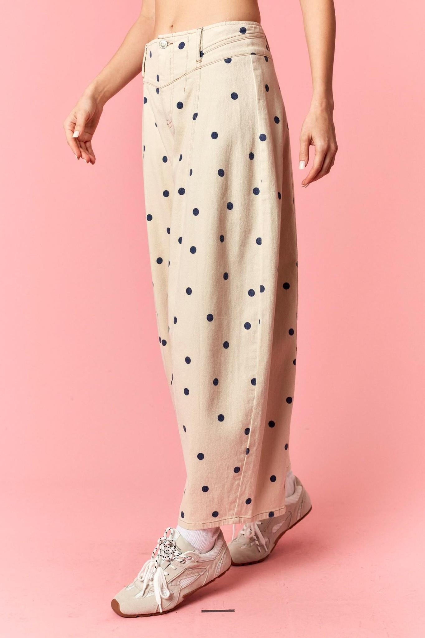 Polka Dot Printed Twill Western Waist Deatailed Barrel Pants