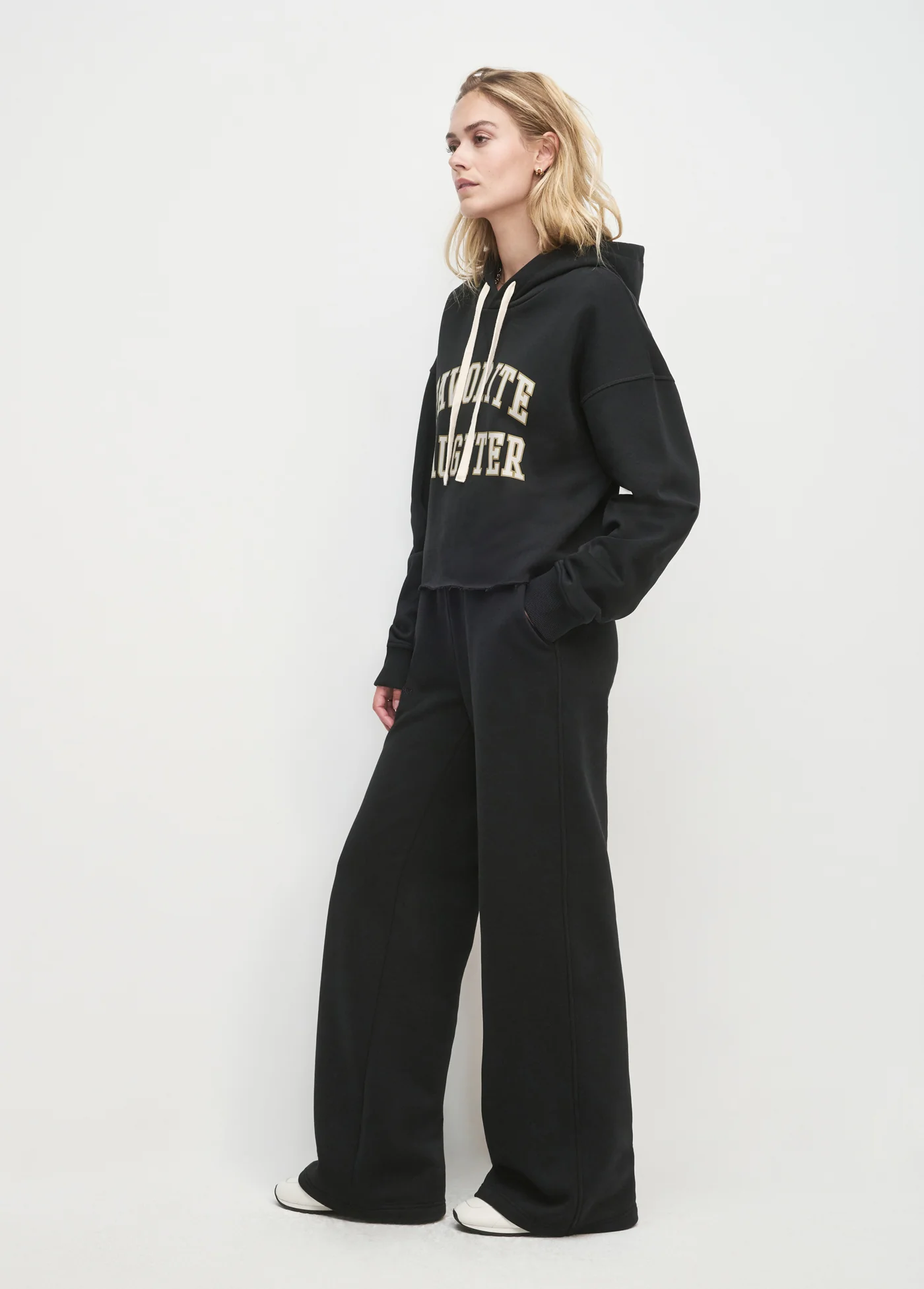 The Cropped Collegiate Hoodie - Black/Stone