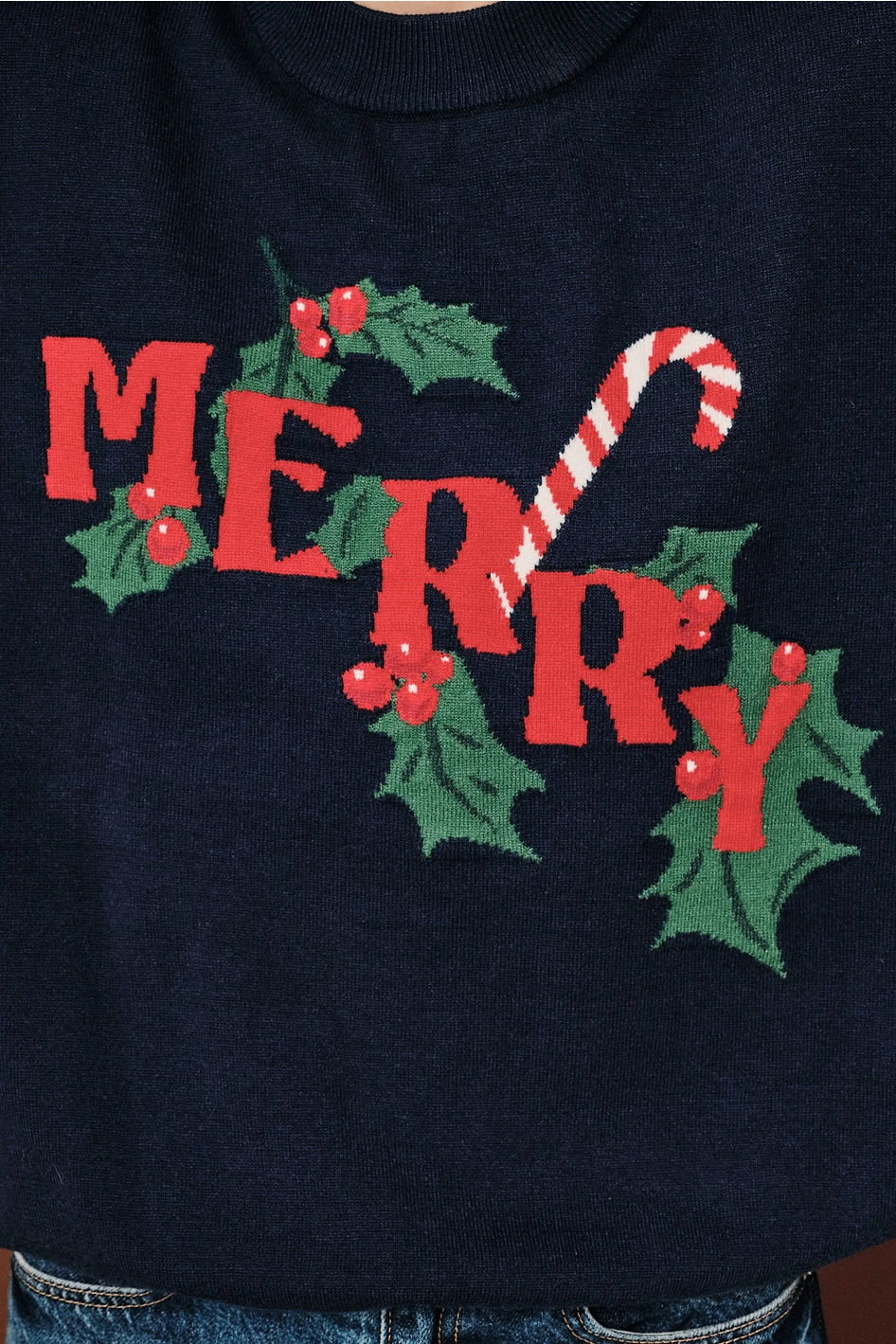 Merry Candy Cane Graphic Crew Neck Knit Sweater - Navy