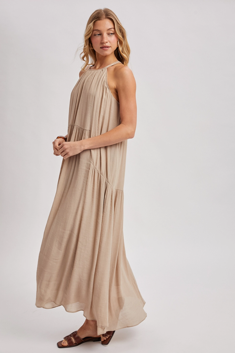 Bluivy Gathered Halter Neck Flowy Maxi Dress - Side View