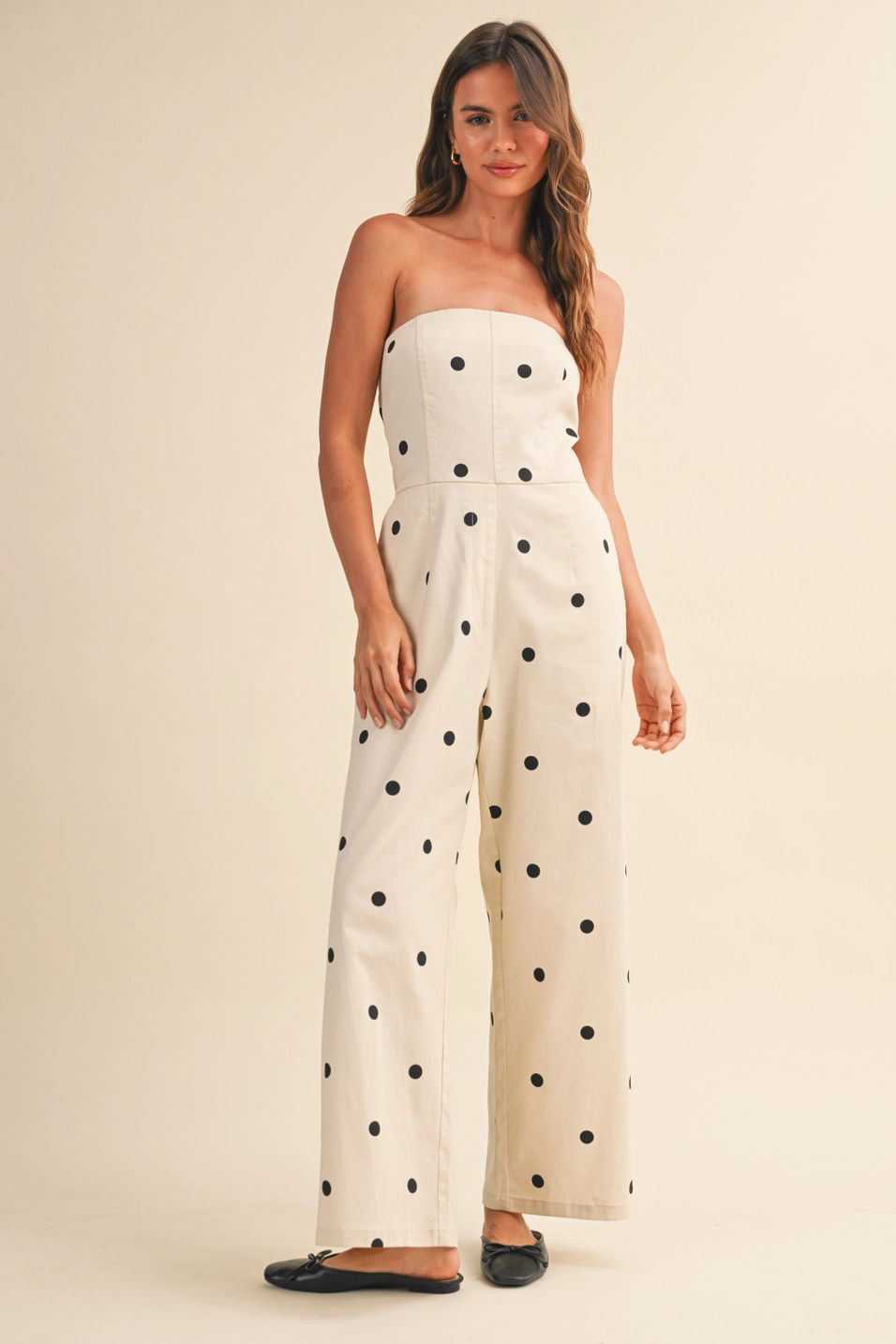 Polka Dot Stretch Twill Strapless Wide Leg Jumpsuit