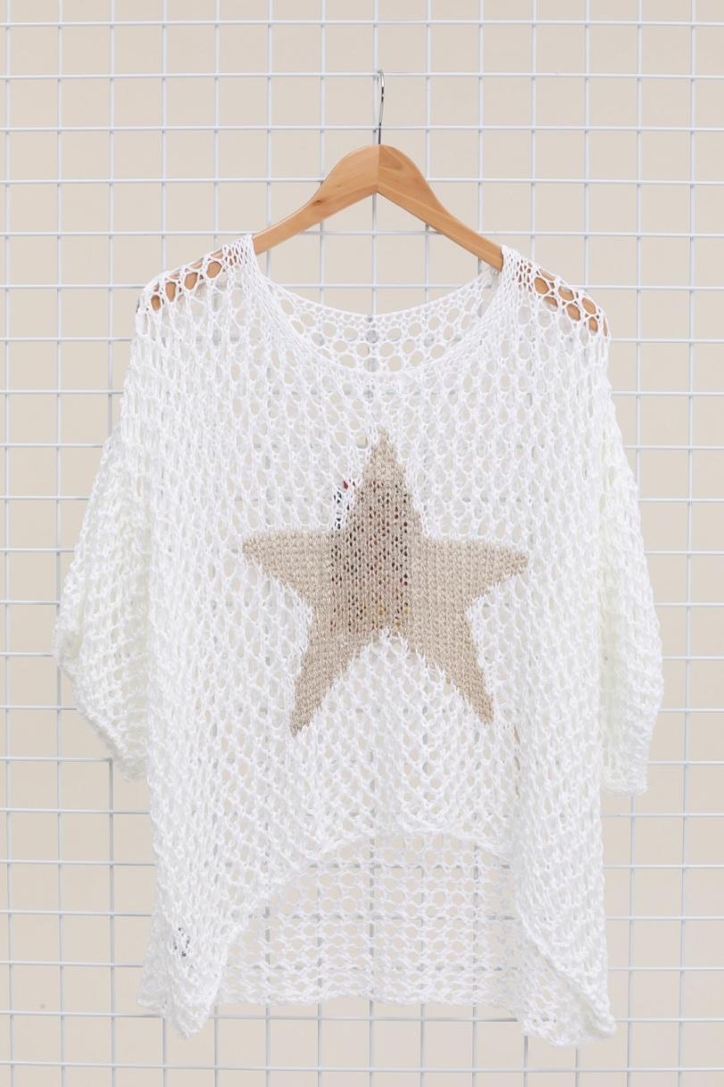 Cotton Knit Sweater with Star Pattern